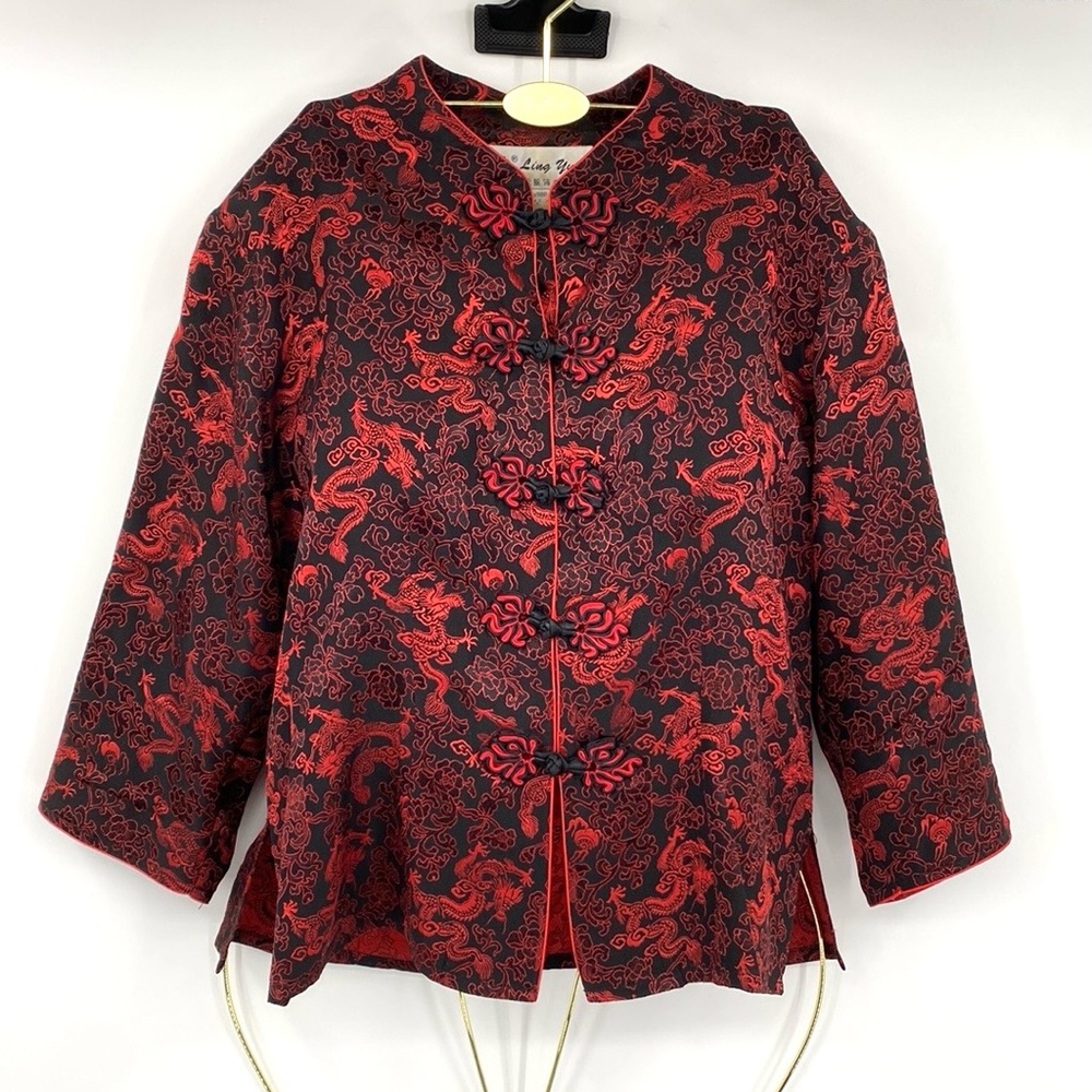 Ling‎ Yun Dragon Jacket Women’s Medium Asian Frog Button Chic Red Black Vintage